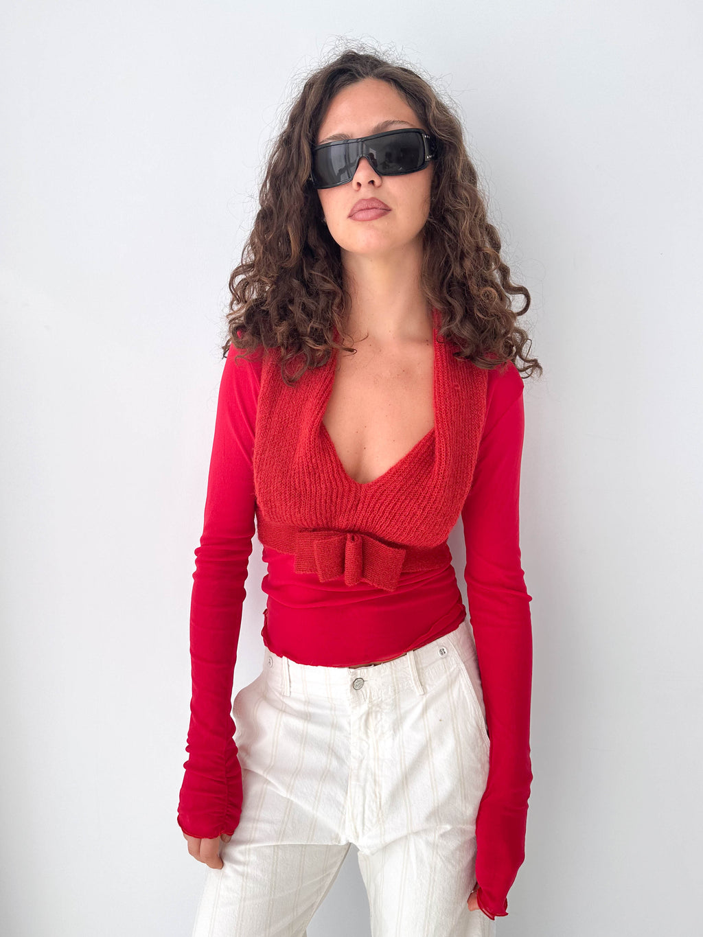Red Long Sleeve Mesh Mohair Detail Top