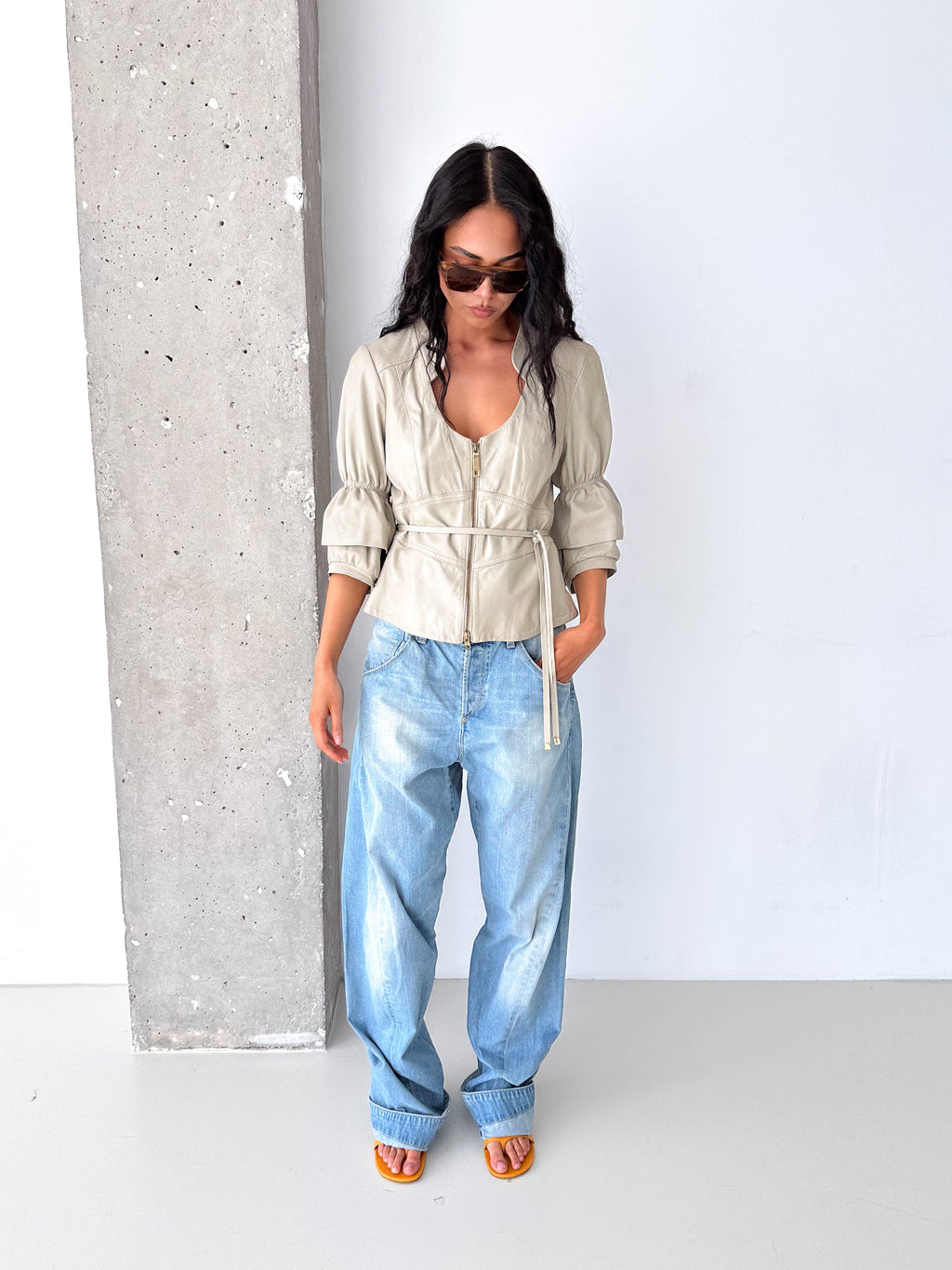 Stone Leather Belted Zip Short Puff Sleeve Jacket