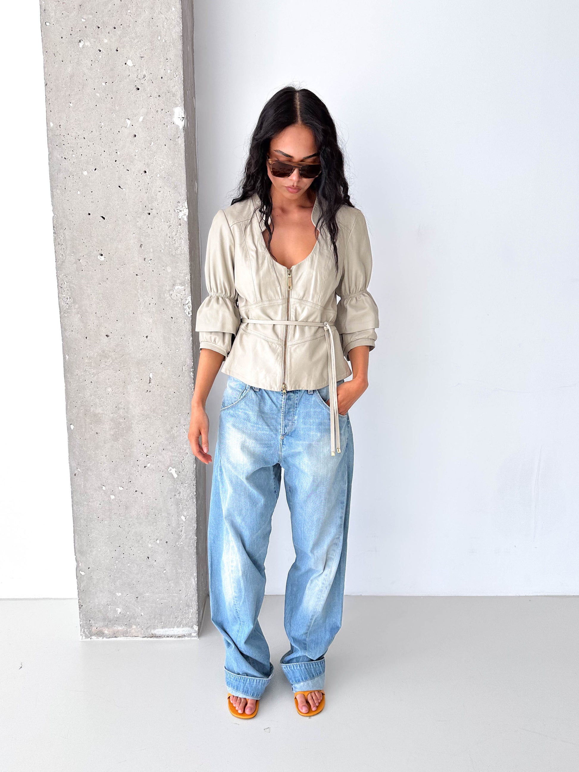 Stone Leather Belted Zip Short Puff Sleeve Jacket