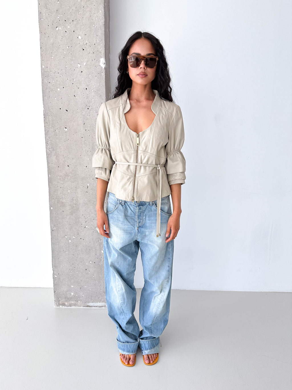 Stone Leather Belted Zip Short Puff Sleeve Jacket