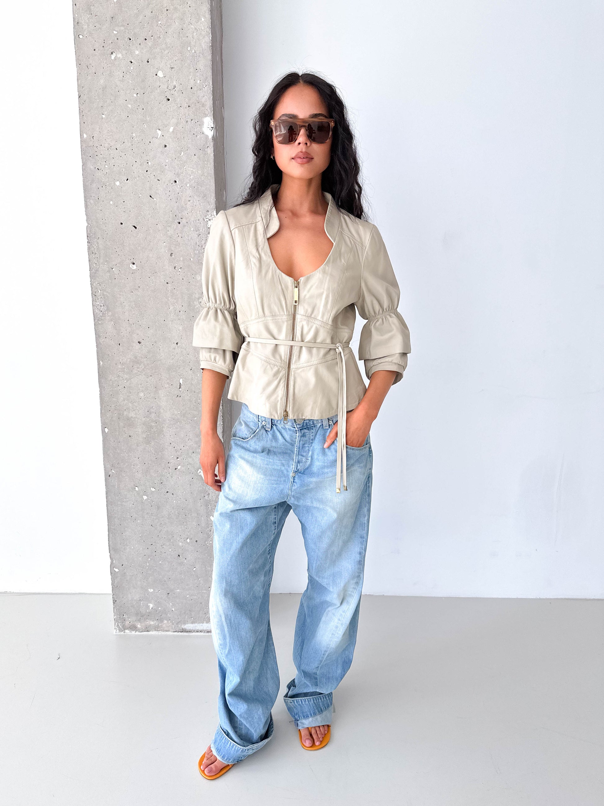 Stone Leather Belted Zip Short Puff Sleeve Jacket