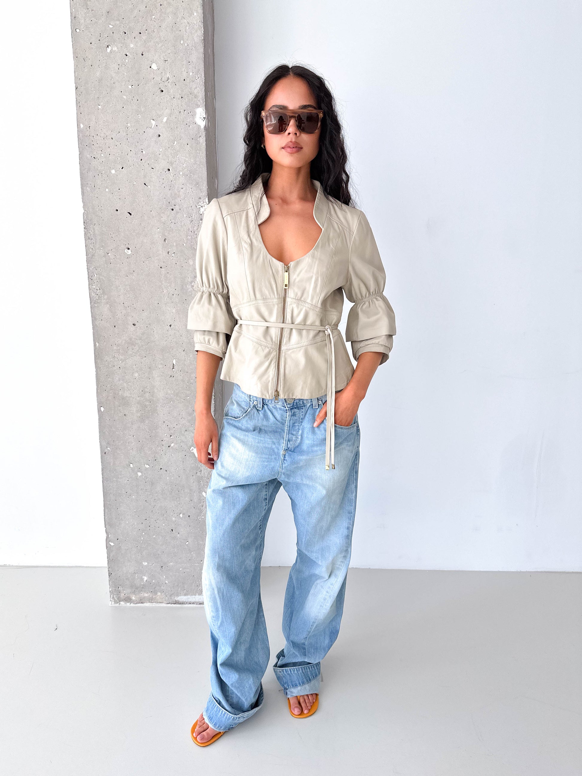 Stone Leather Belted Zip Short Puff Sleeve Jacket