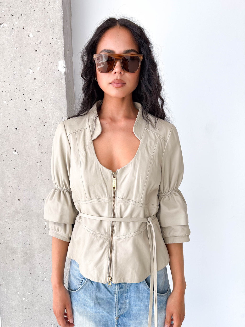 Stone Leather Belted Zip Short Puff Sleeve Jacket