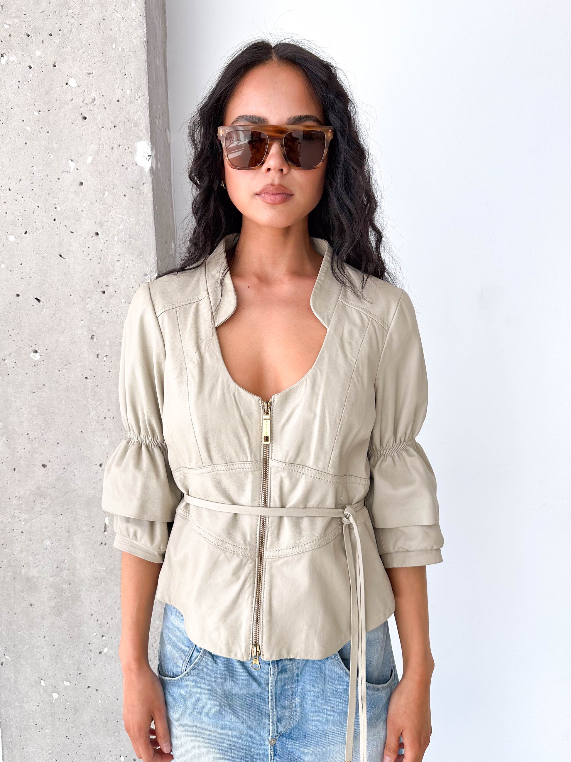 Stone Leather Belted Zip Short Puff Sleeve Jacket