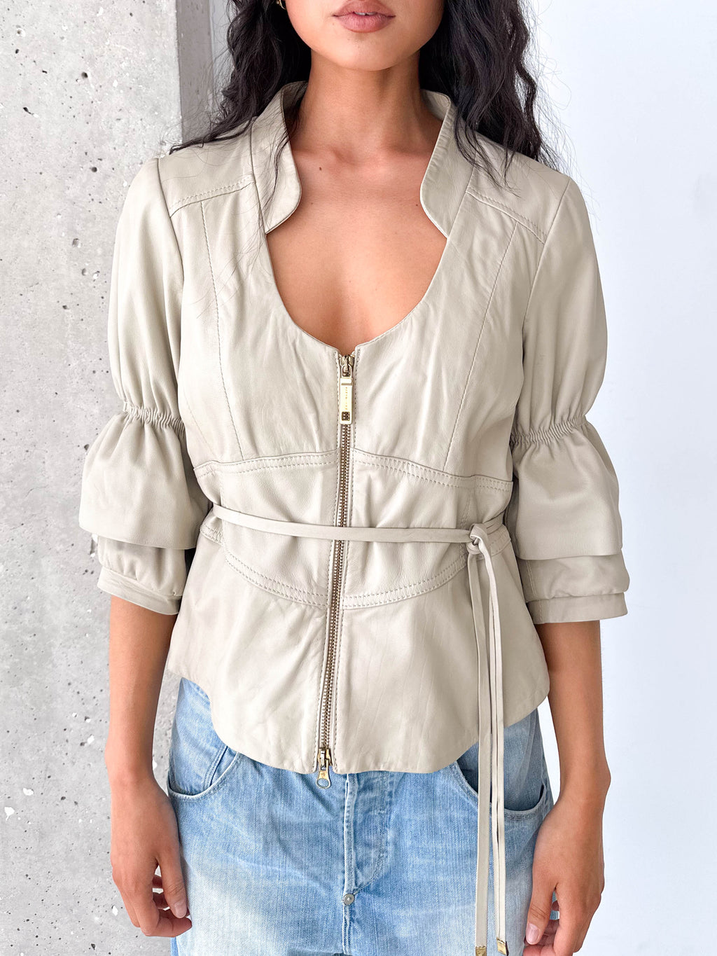 Stone Leather Belted Zip Short Puff Sleeve Jacket