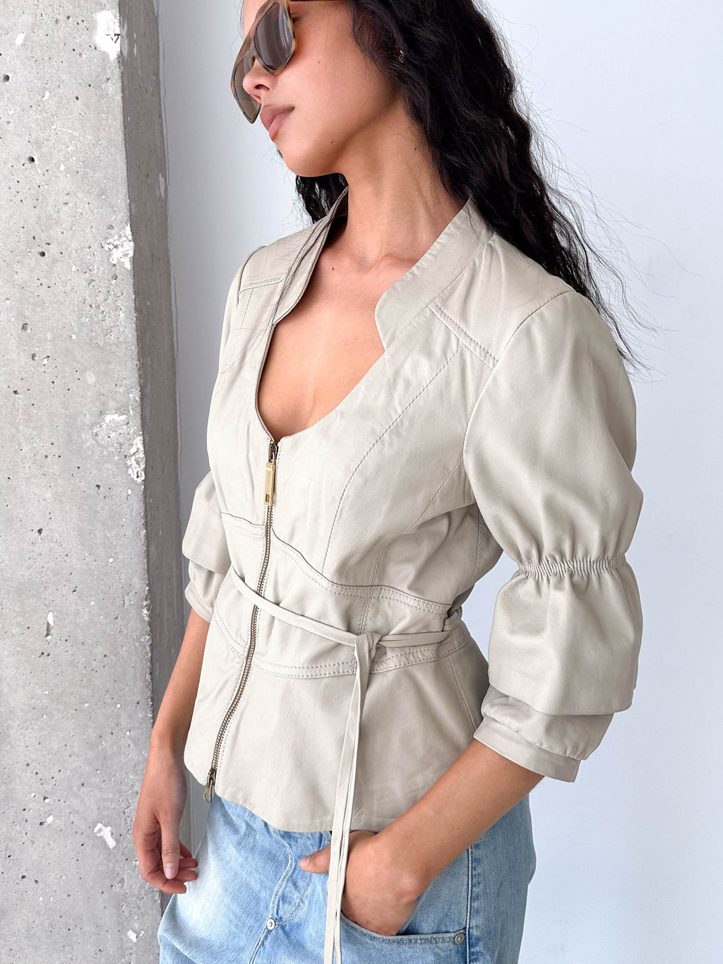 Stone Leather Belted Zip Short Puff Sleeve Jacket