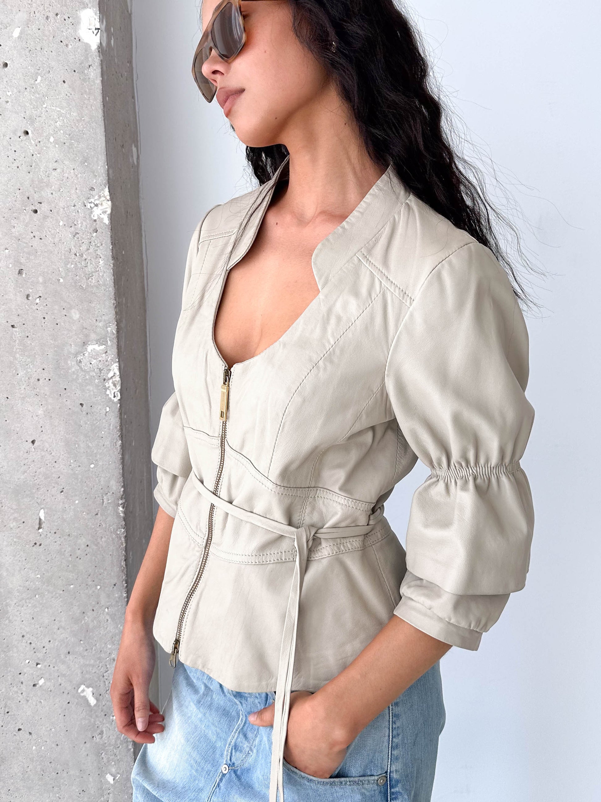 Stone Leather Belted Zip Short Puff Sleeve Jacket