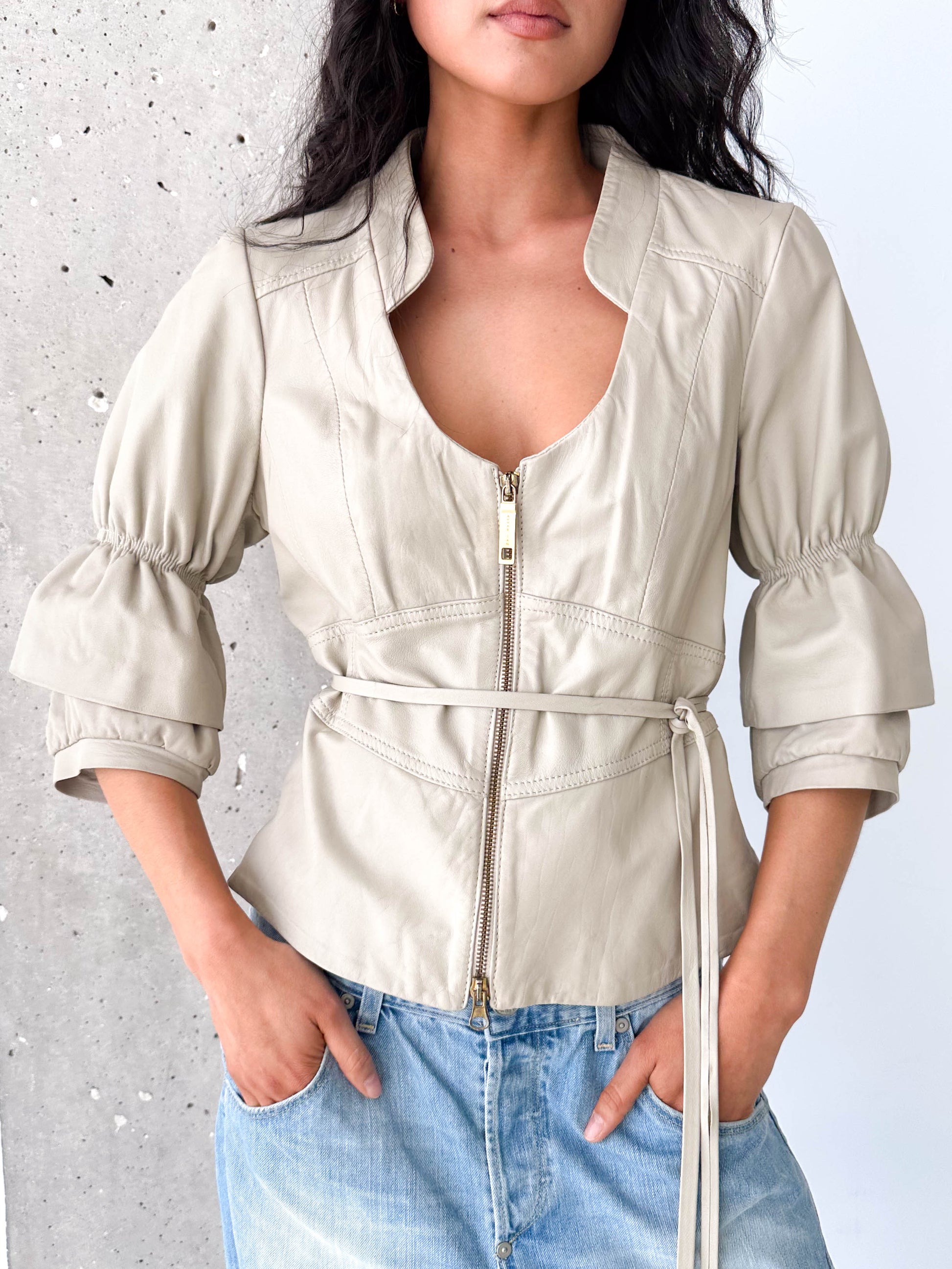 Stone Leather Belted Zip Short Puff Sleeve Jacket