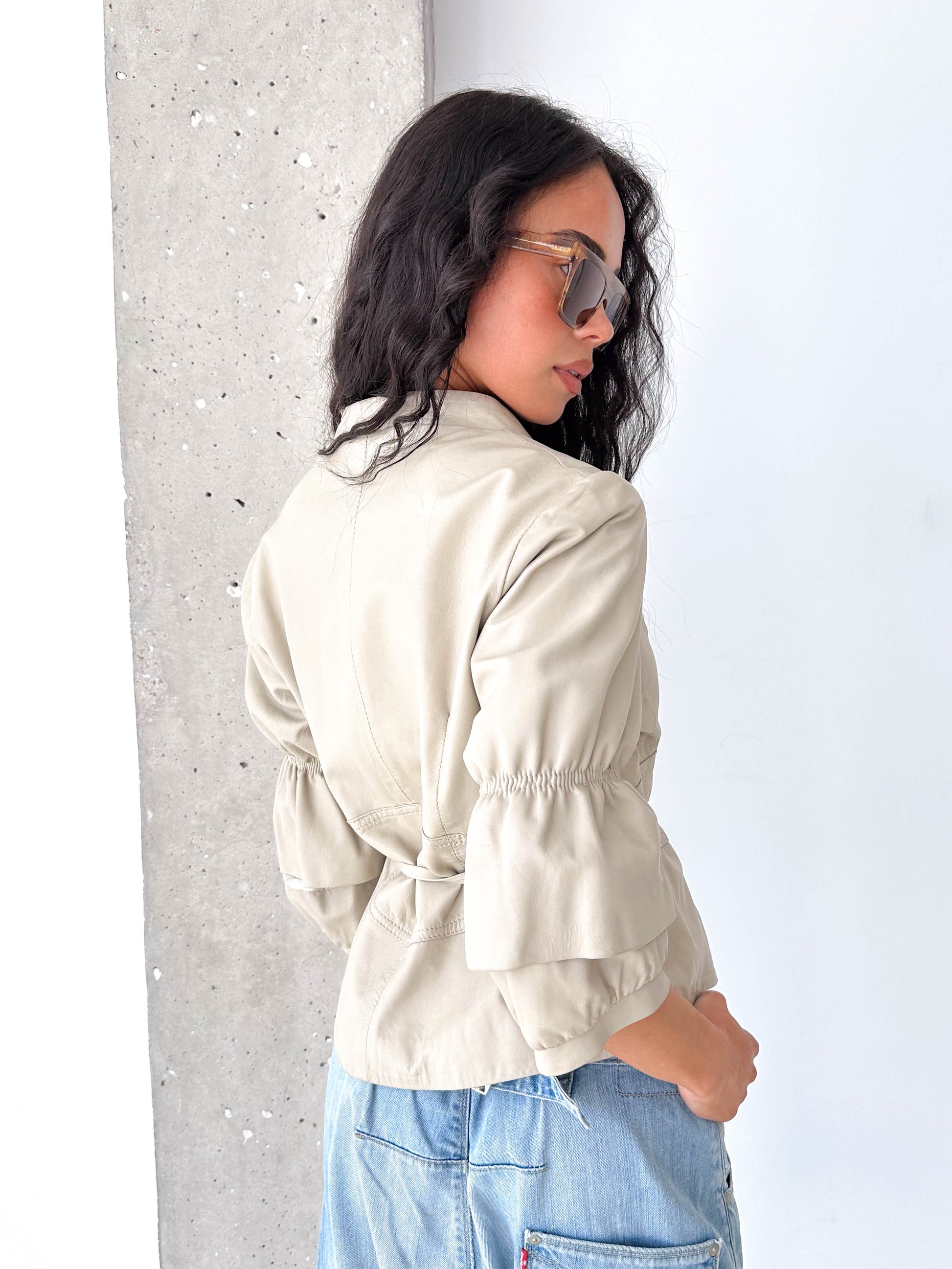 Stone Leather Belted Zip Short Puff Sleeve Jacket
