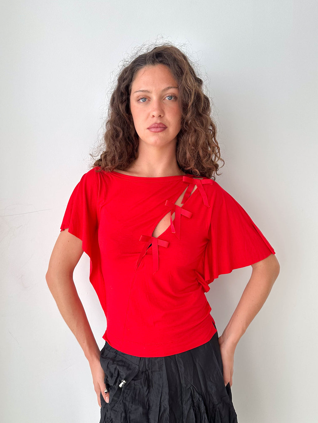 Red Cut-Out Bow Detail Top