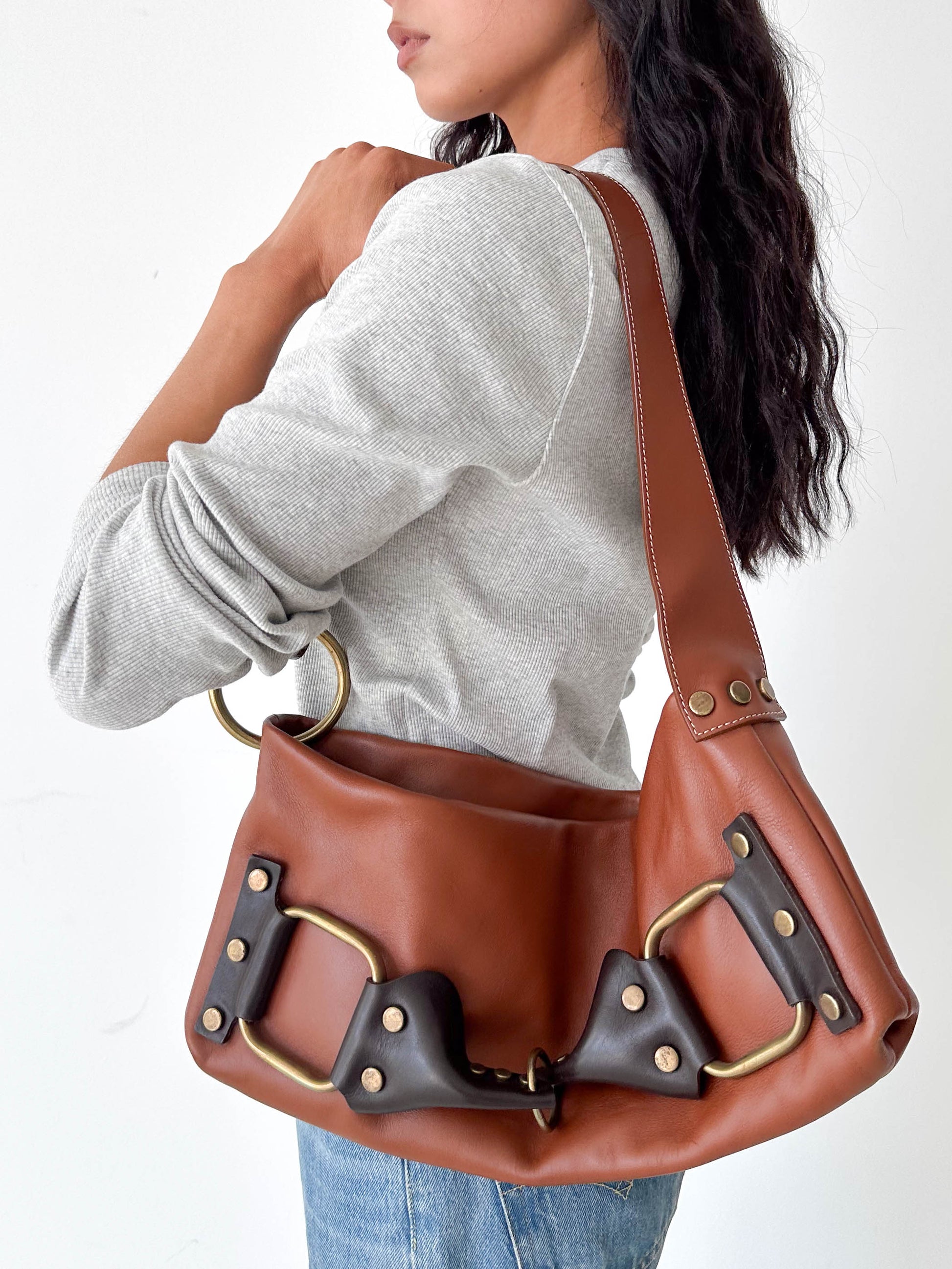 Vintage Tan Leather Shoulder Bag Brass Hardware