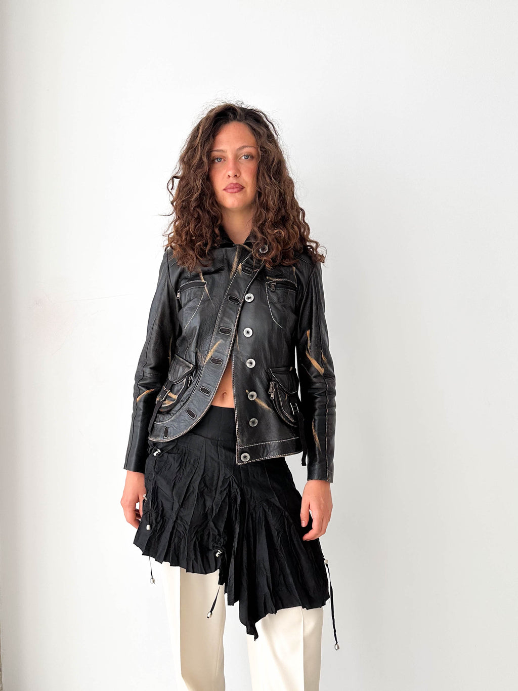 Distressed Black Leather Asymmetric Jacket