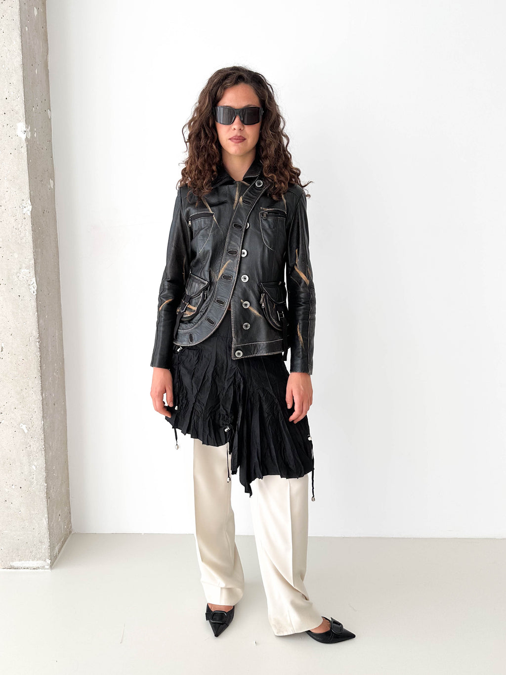 Distressed Black Leather Asymmetric Jacket