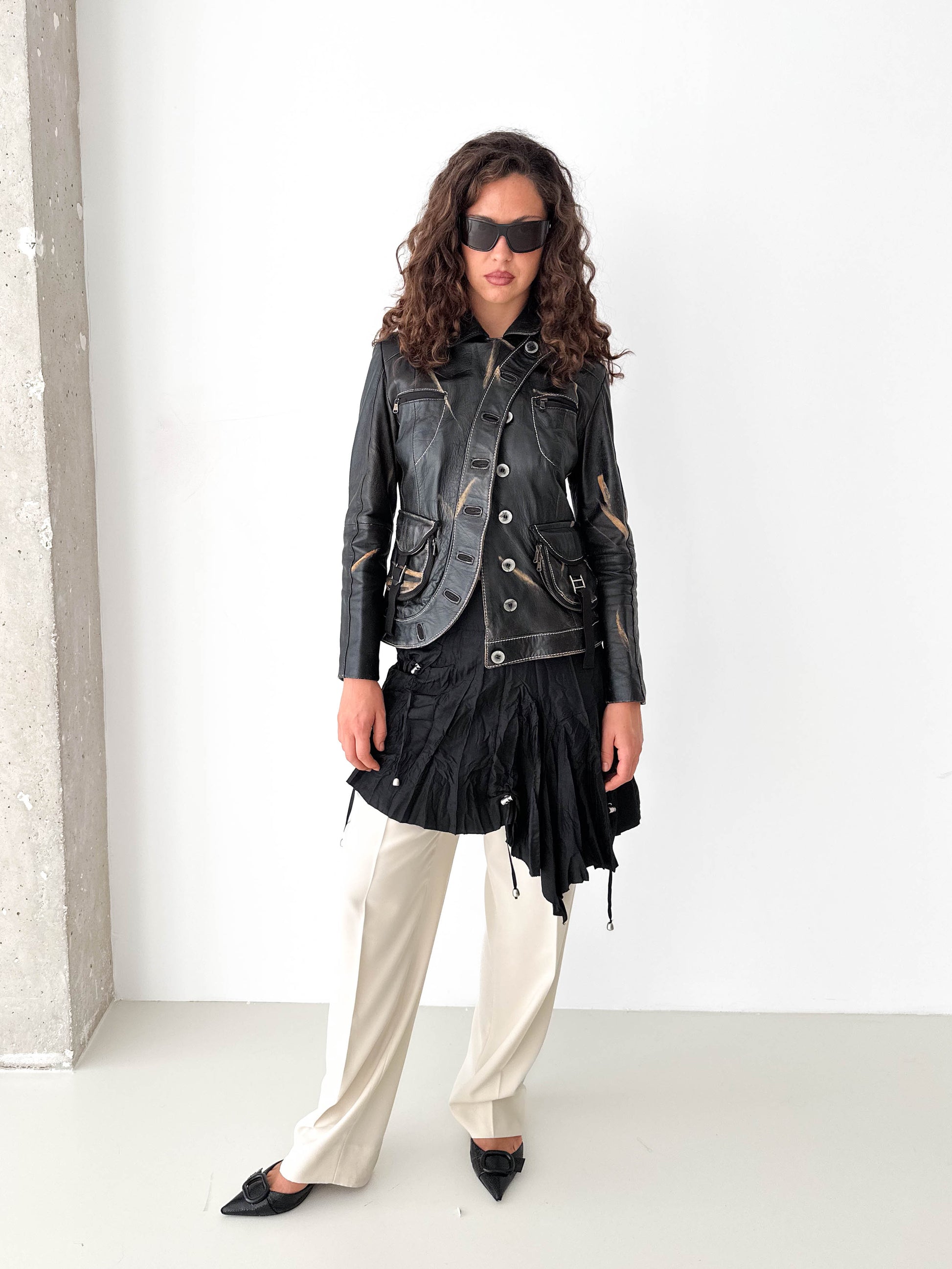 Distressed Black Leather Asymmetric Jacket