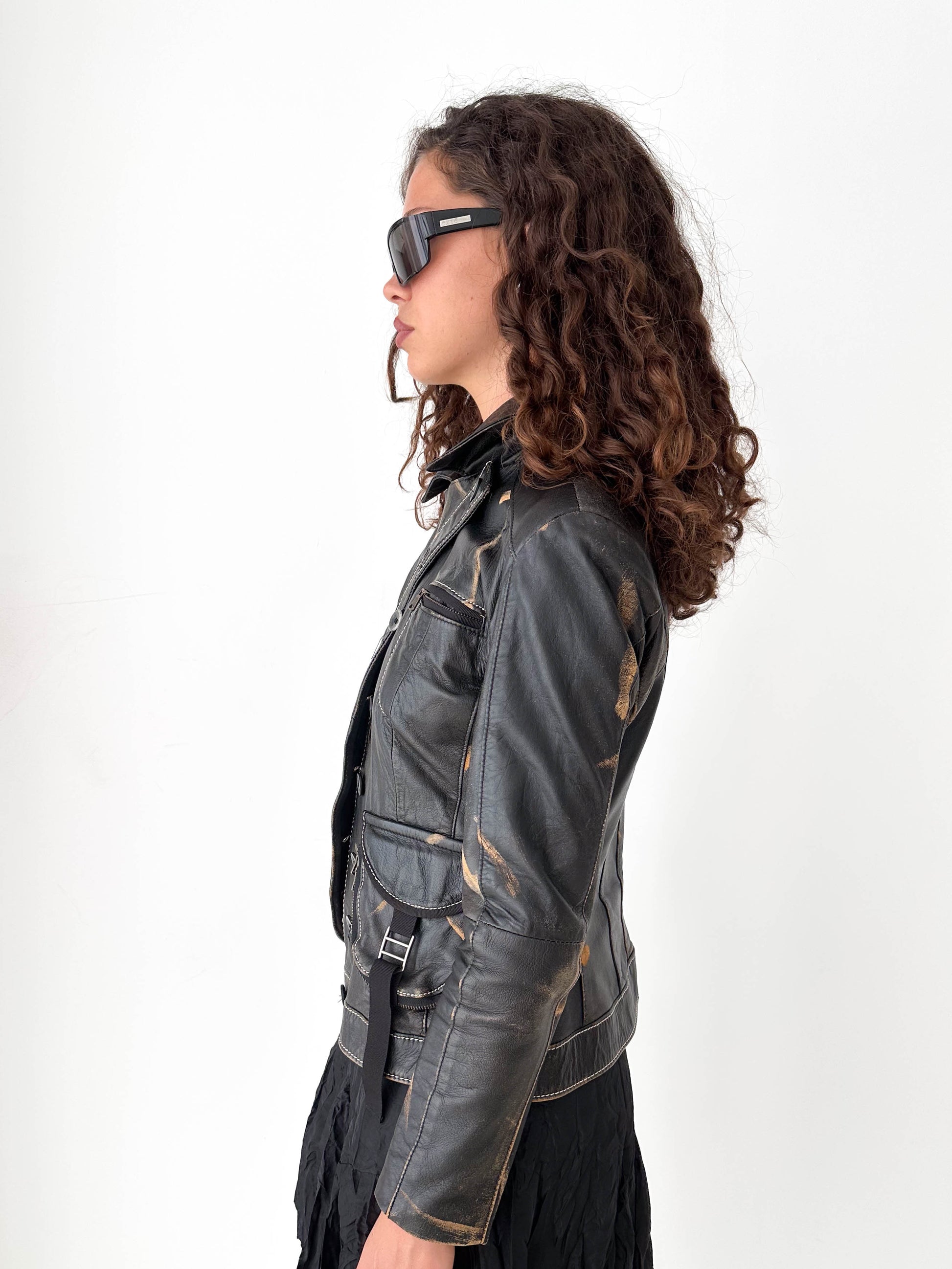 Distressed Black Leather Asymmetric Jacket