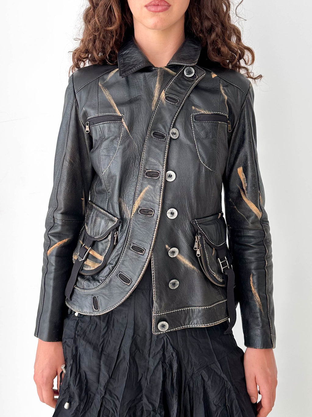 Distressed Black Leather Asymmetric Jacket