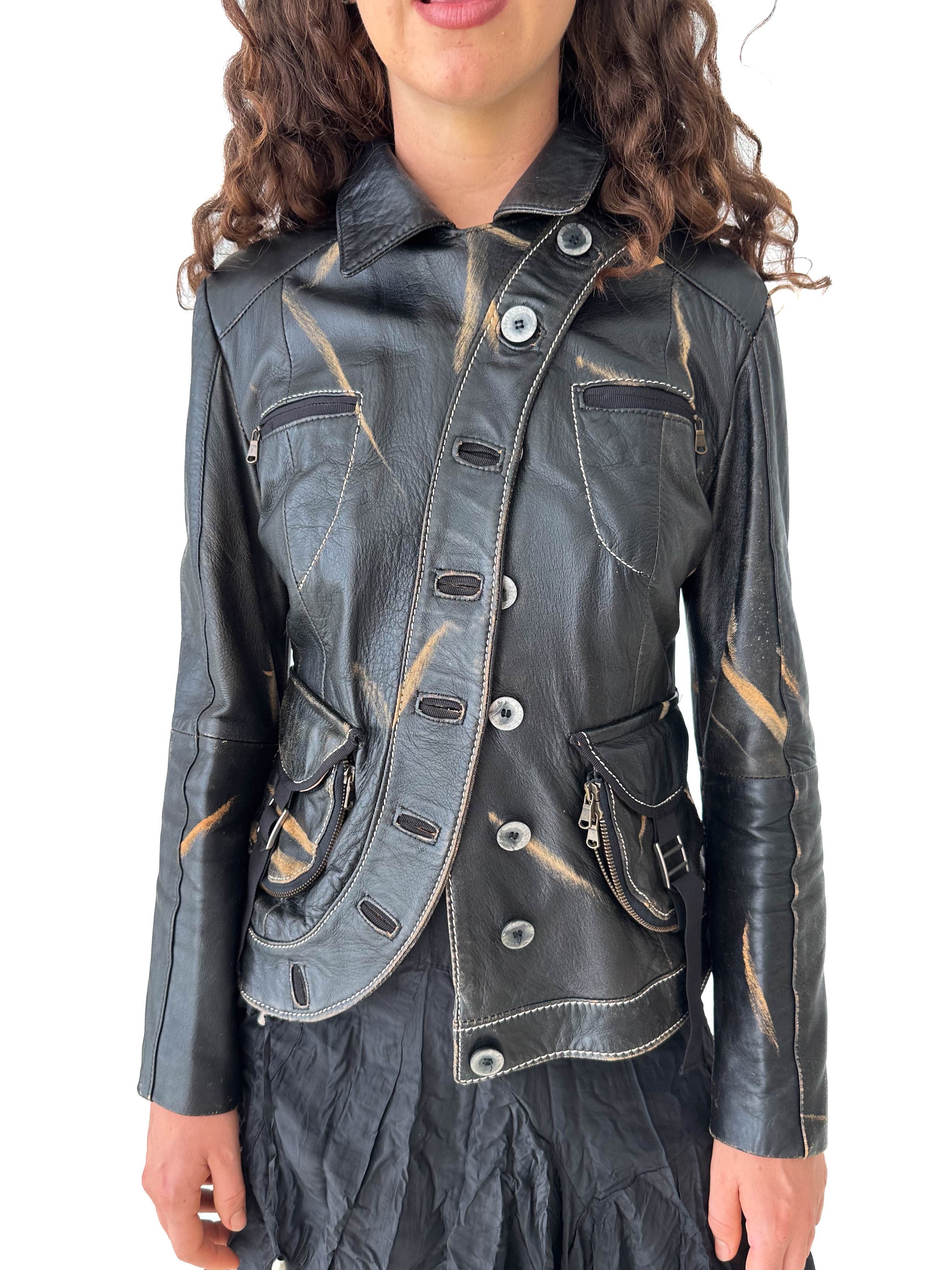 Distressed Black Leather Asymmetric Jacket