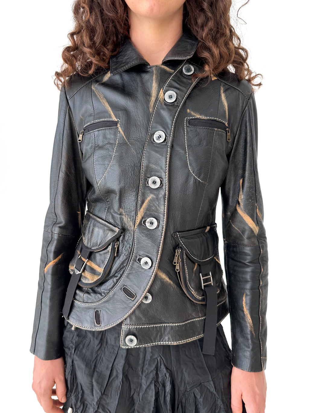 Distressed Black Leather Asymmetric Jacket