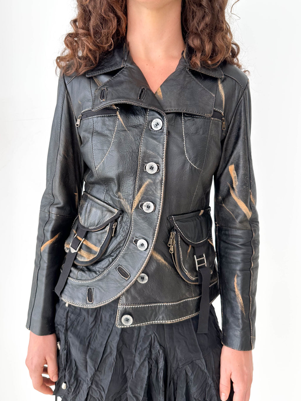 Distressed Black Leather Asymmetric Jacket