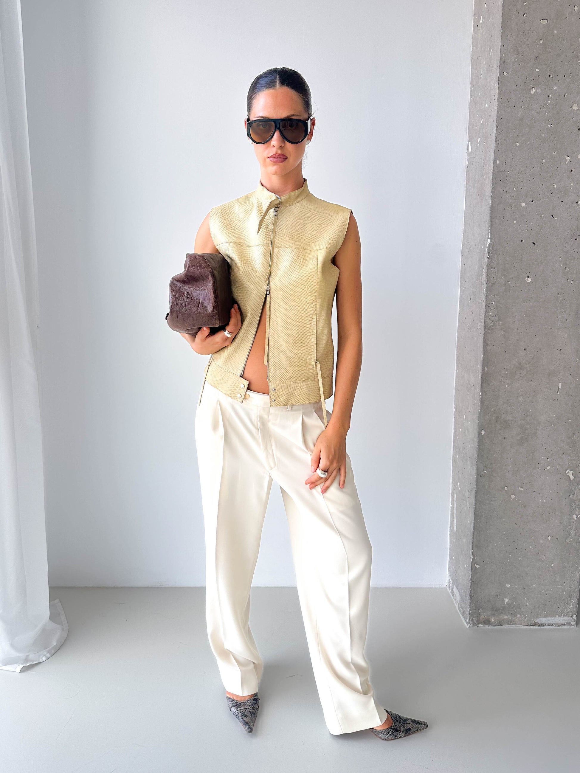 Leather Snake Effect Zip Up Sleeveless Top