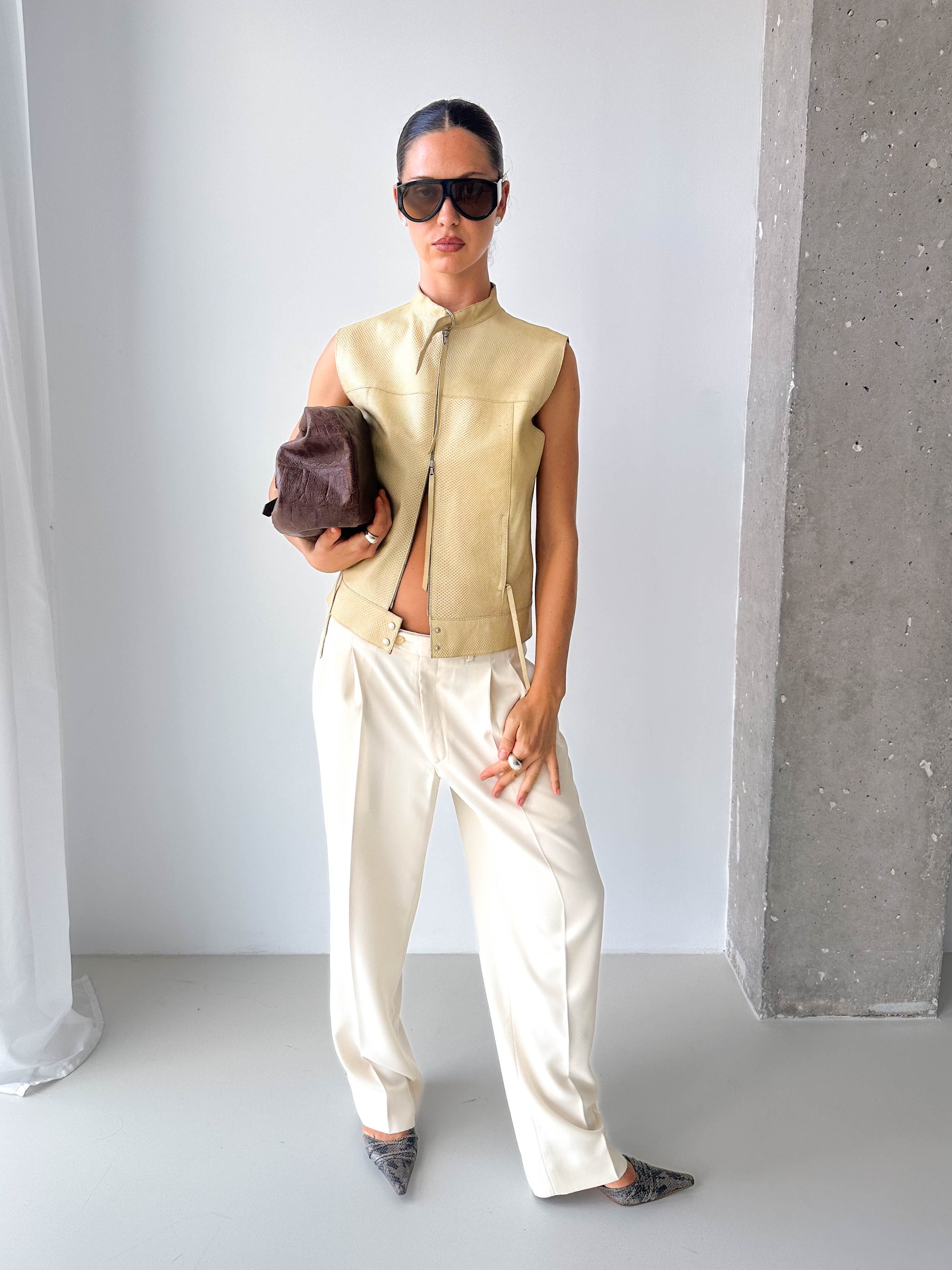 Leather Snake Effect Zip Up Sleeveless Top