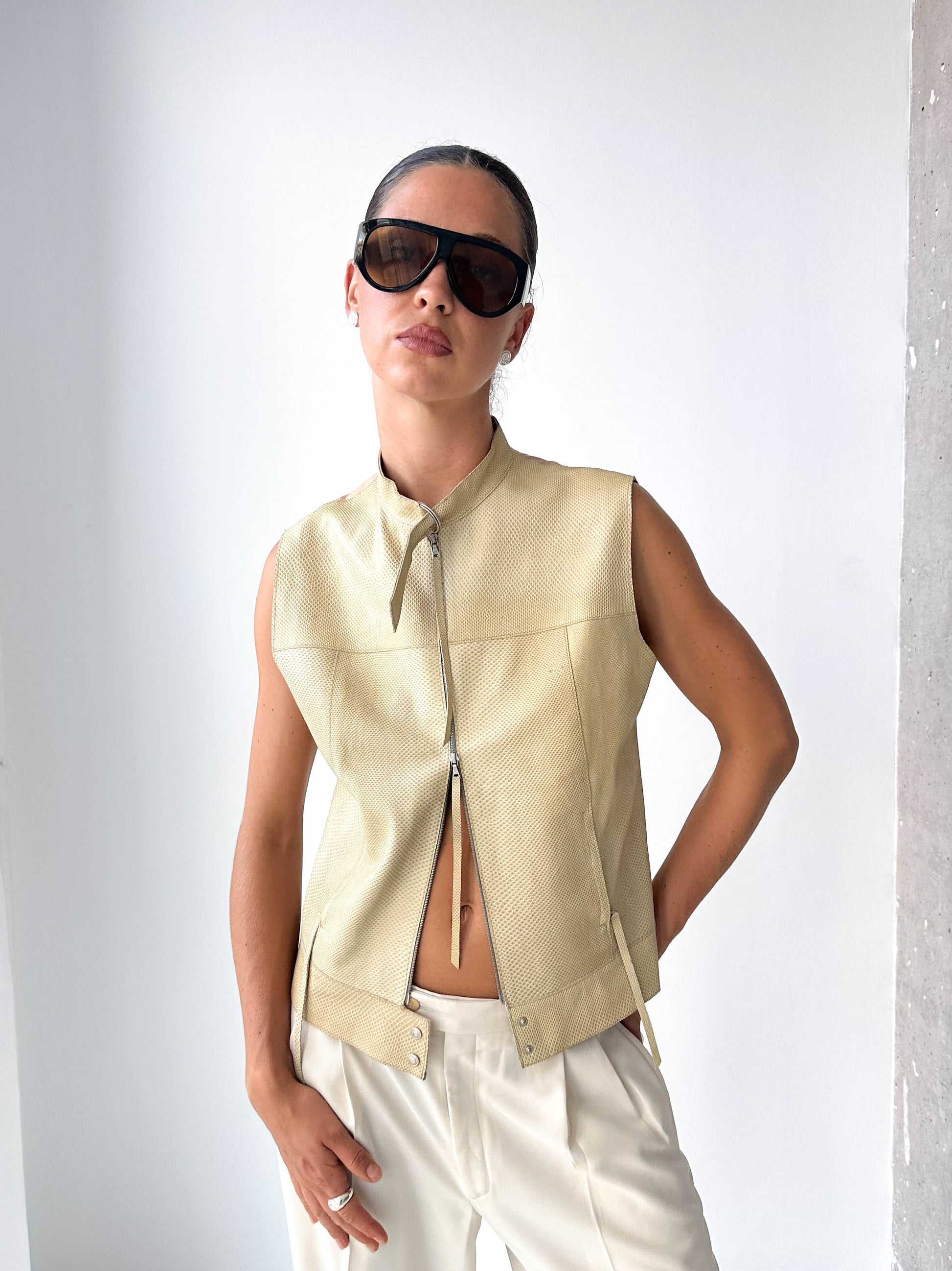 Leather Snake Effect Zip Up Sleeveless Top