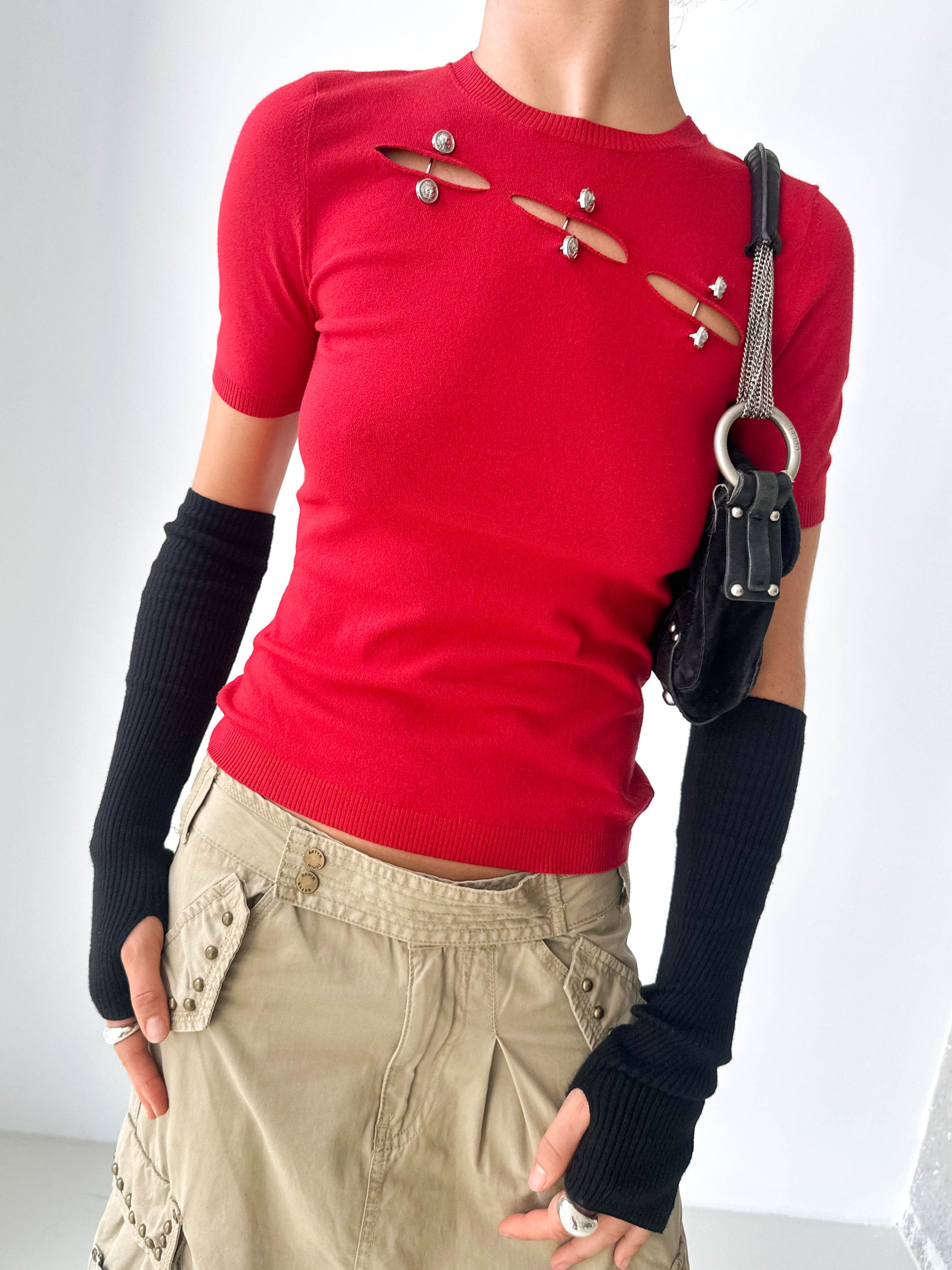 Versace Cut-Out Knit Short Sleeve Top