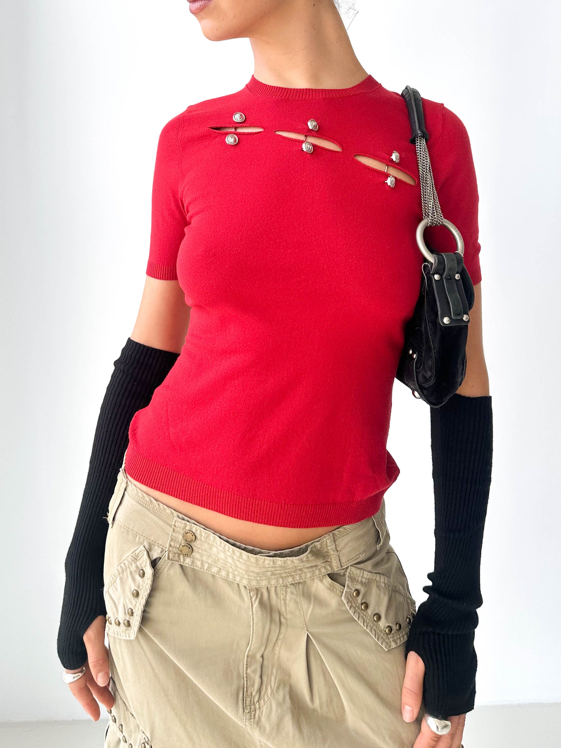 Versace Cut-Out Knit Short Sleeve Top