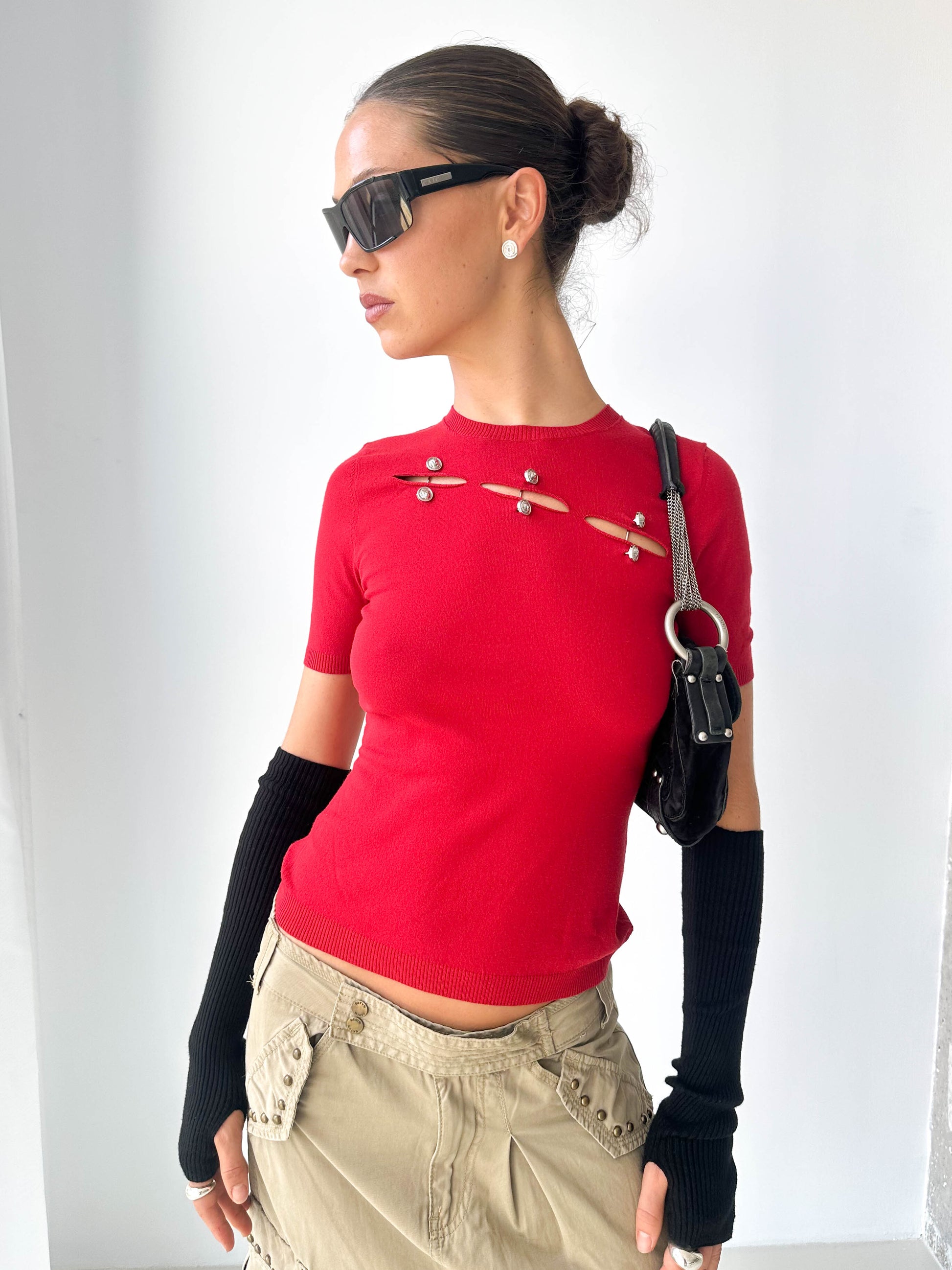 Versace Cut-Out Knit Short Sleeve Top