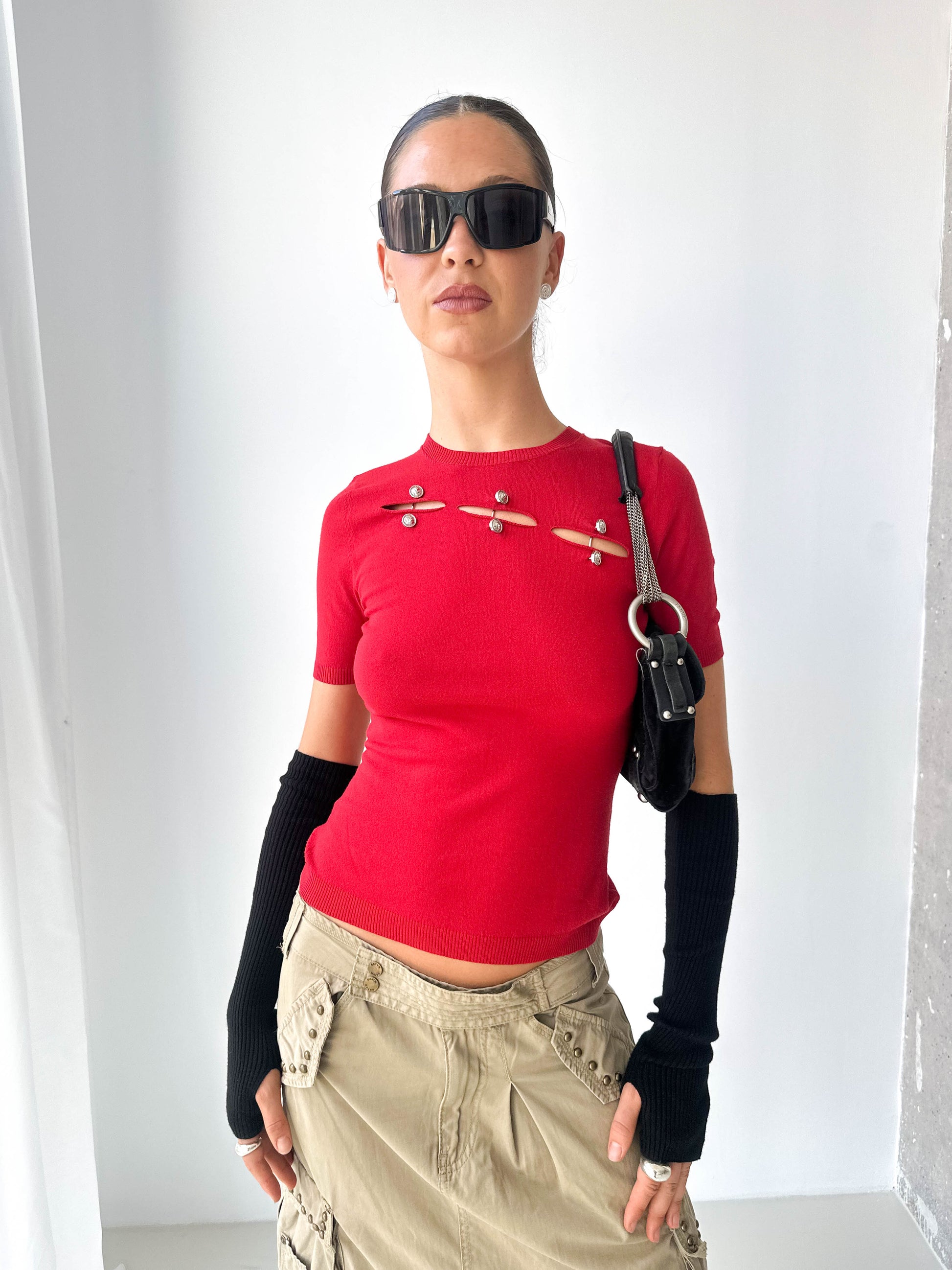 Versace Cut-Out Knit Short Sleeve Top