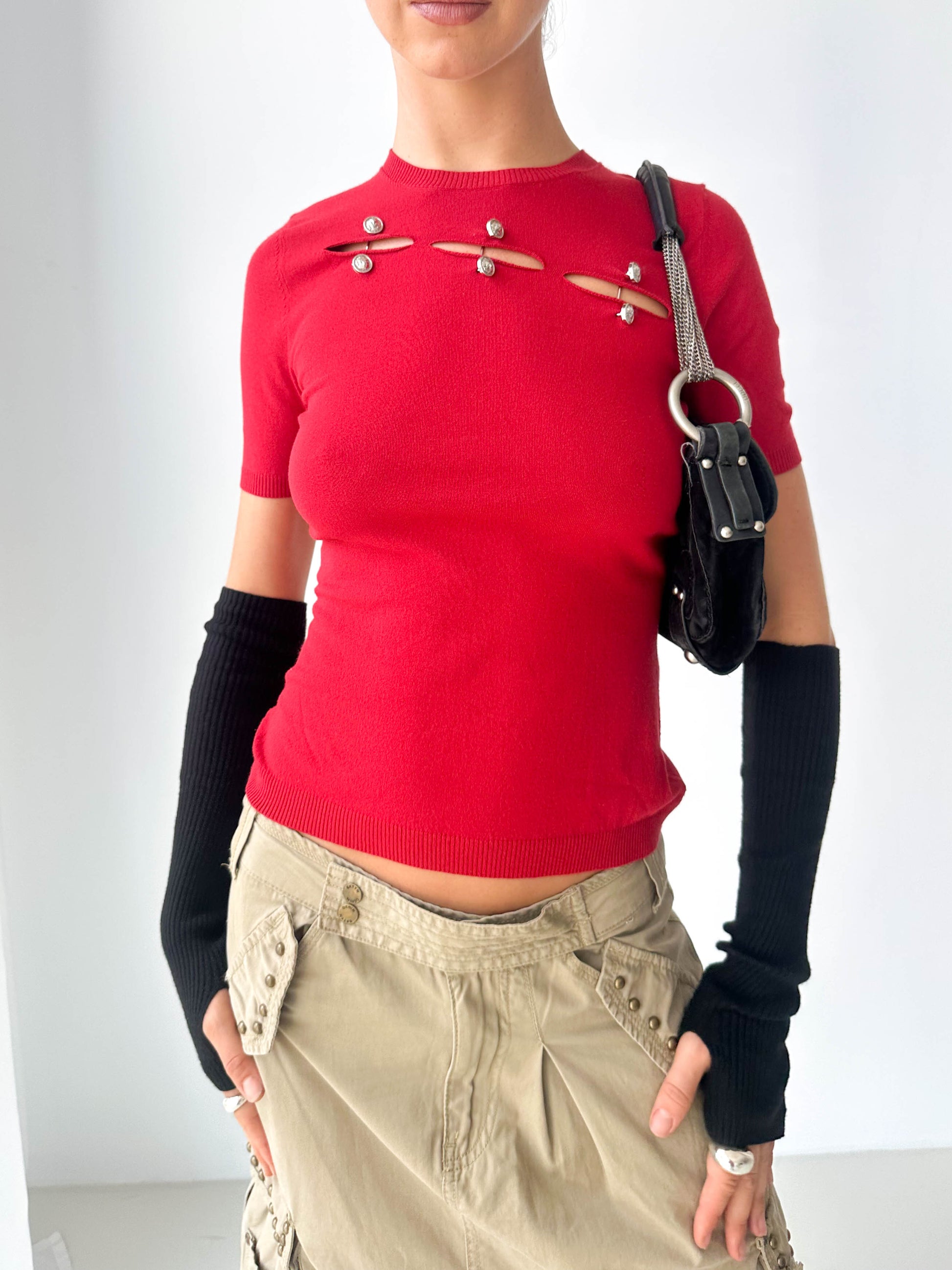 Versace Cut-Out Knit Short Sleeve Top
