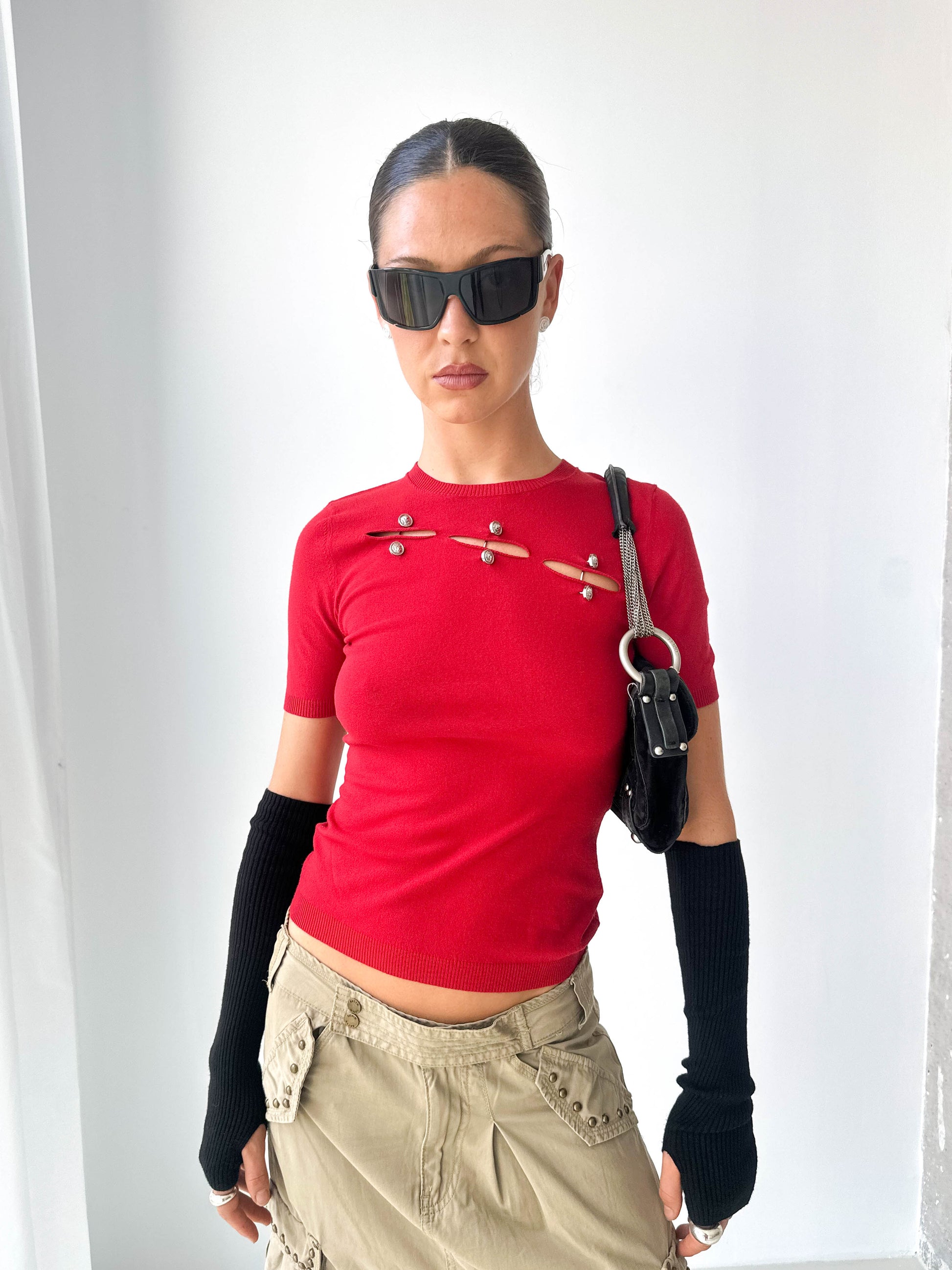 Versace Cut-Out Knit Short Sleeve Top