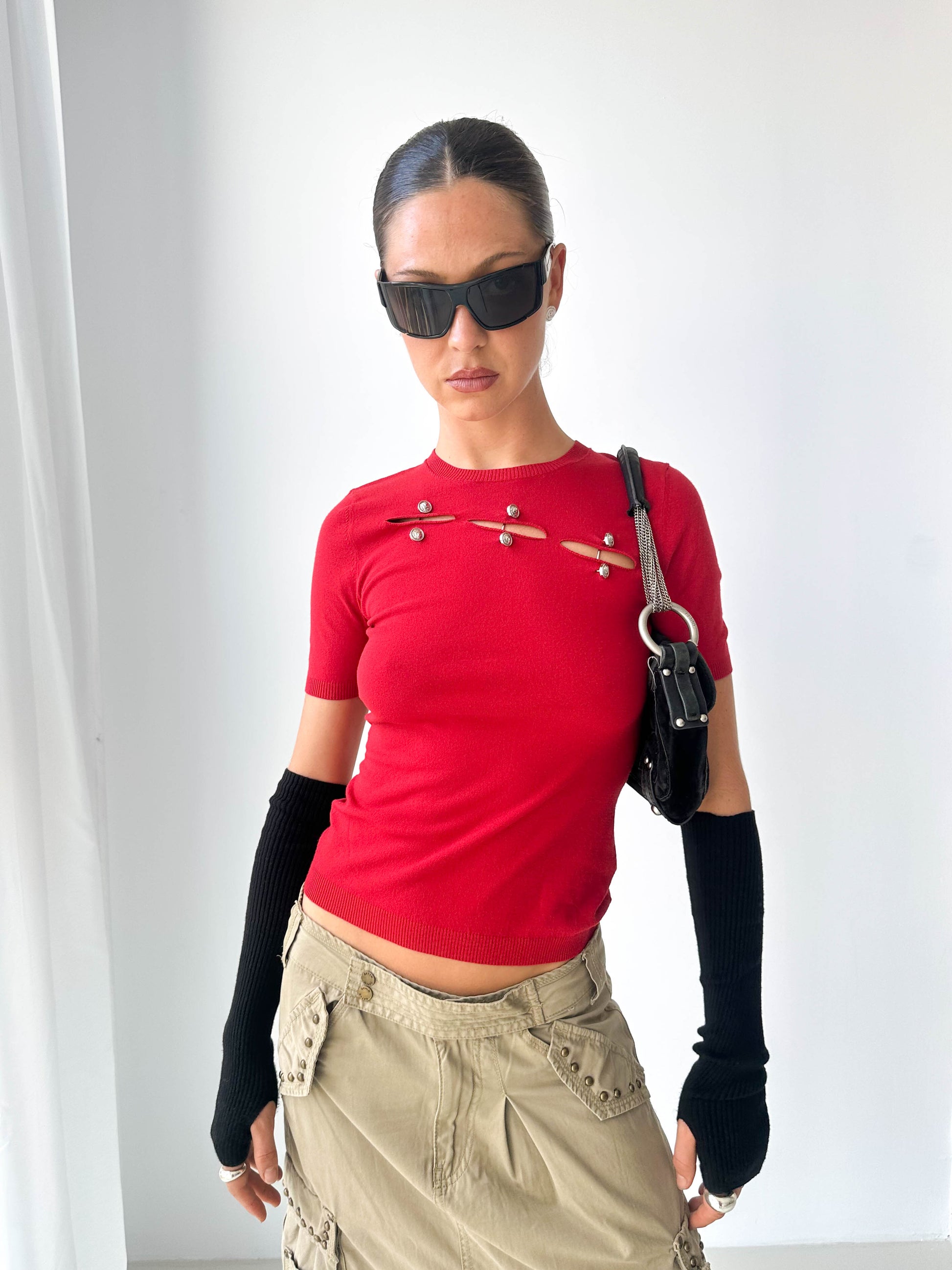 Versace Cut-Out Knit Short Sleeve Top