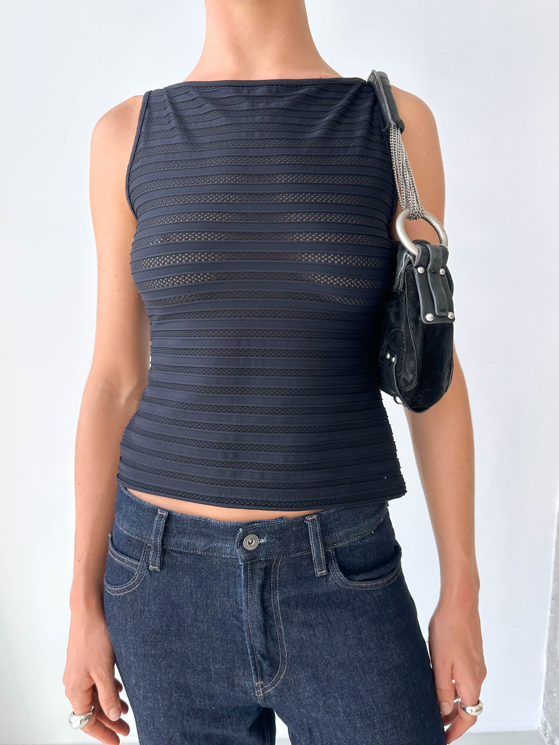 Sheer Stripe Textured Boat Neck Top