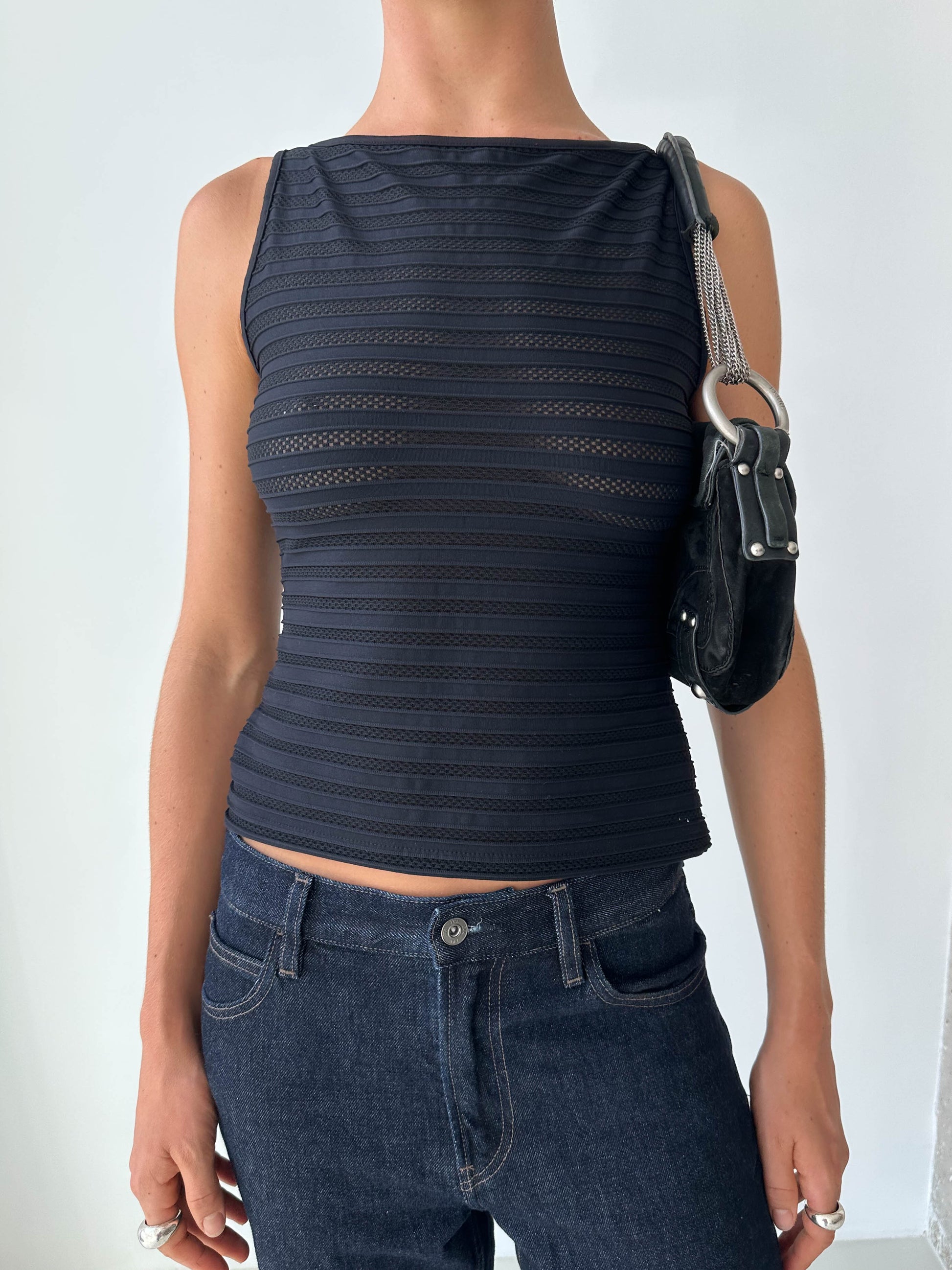Sheer Stripe Textured Boat Neck Top