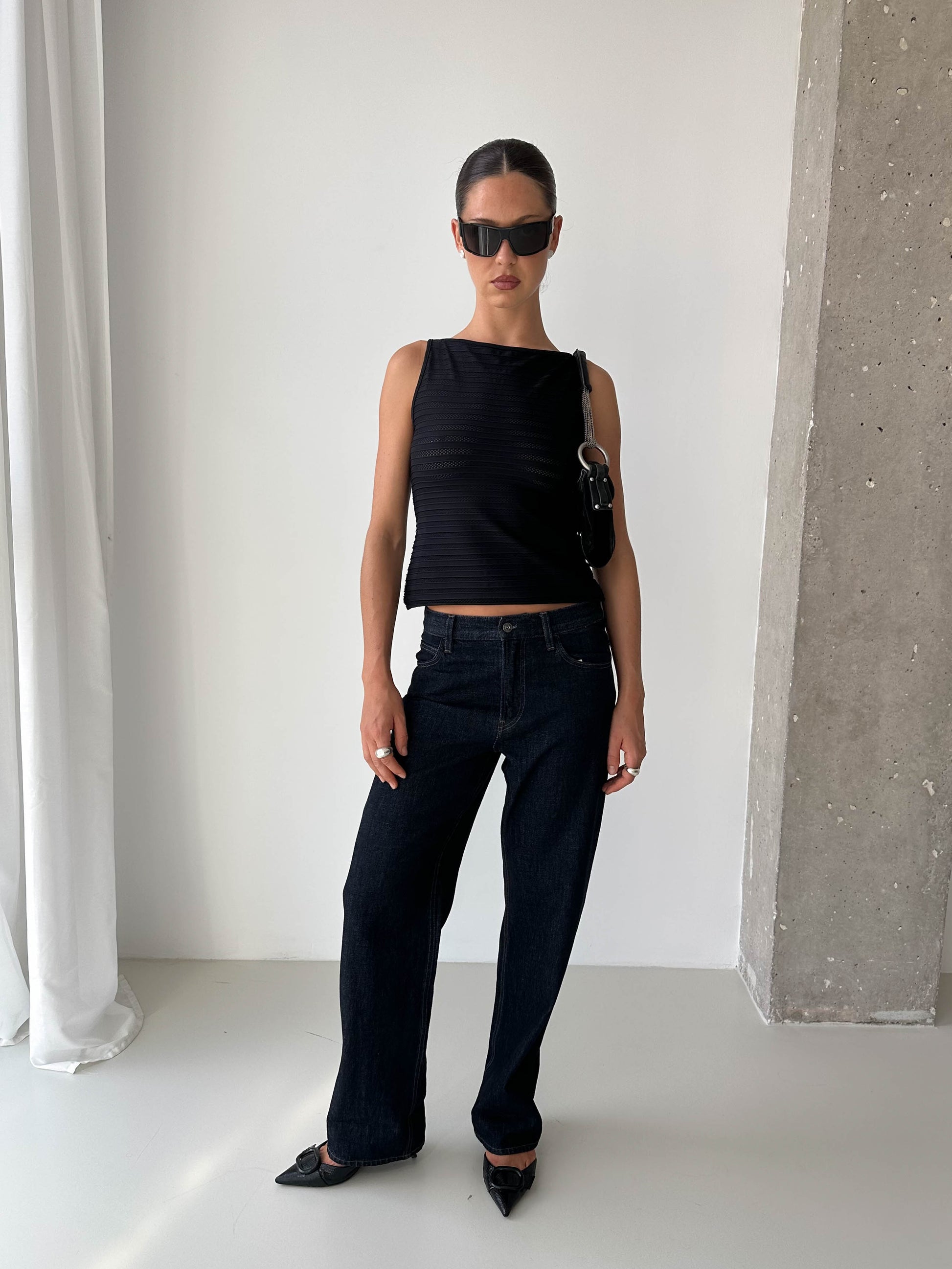 Sheer Stripe Textured Boat Neck Top