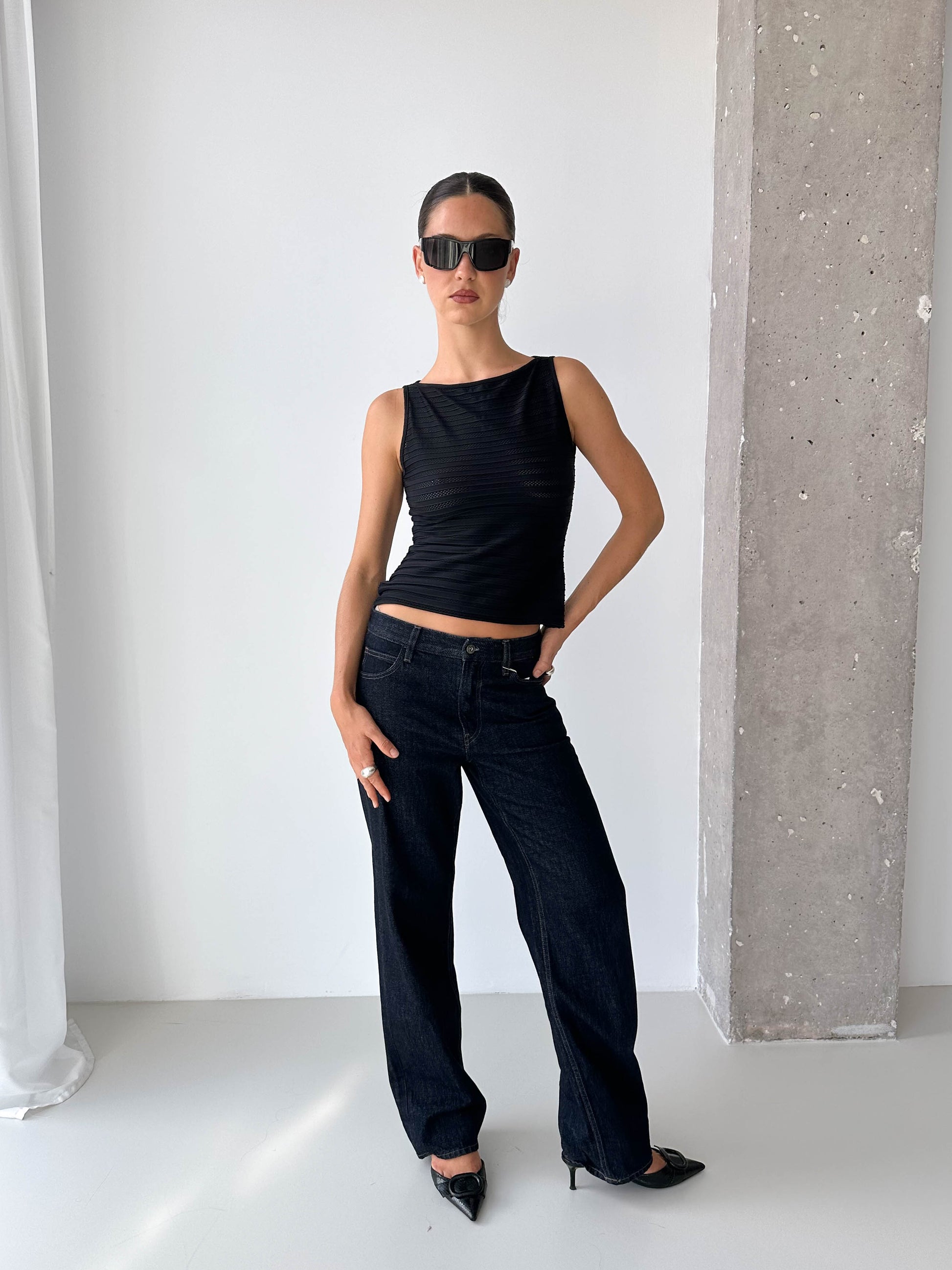 Sheer Stripe Textured Boat Neck Top