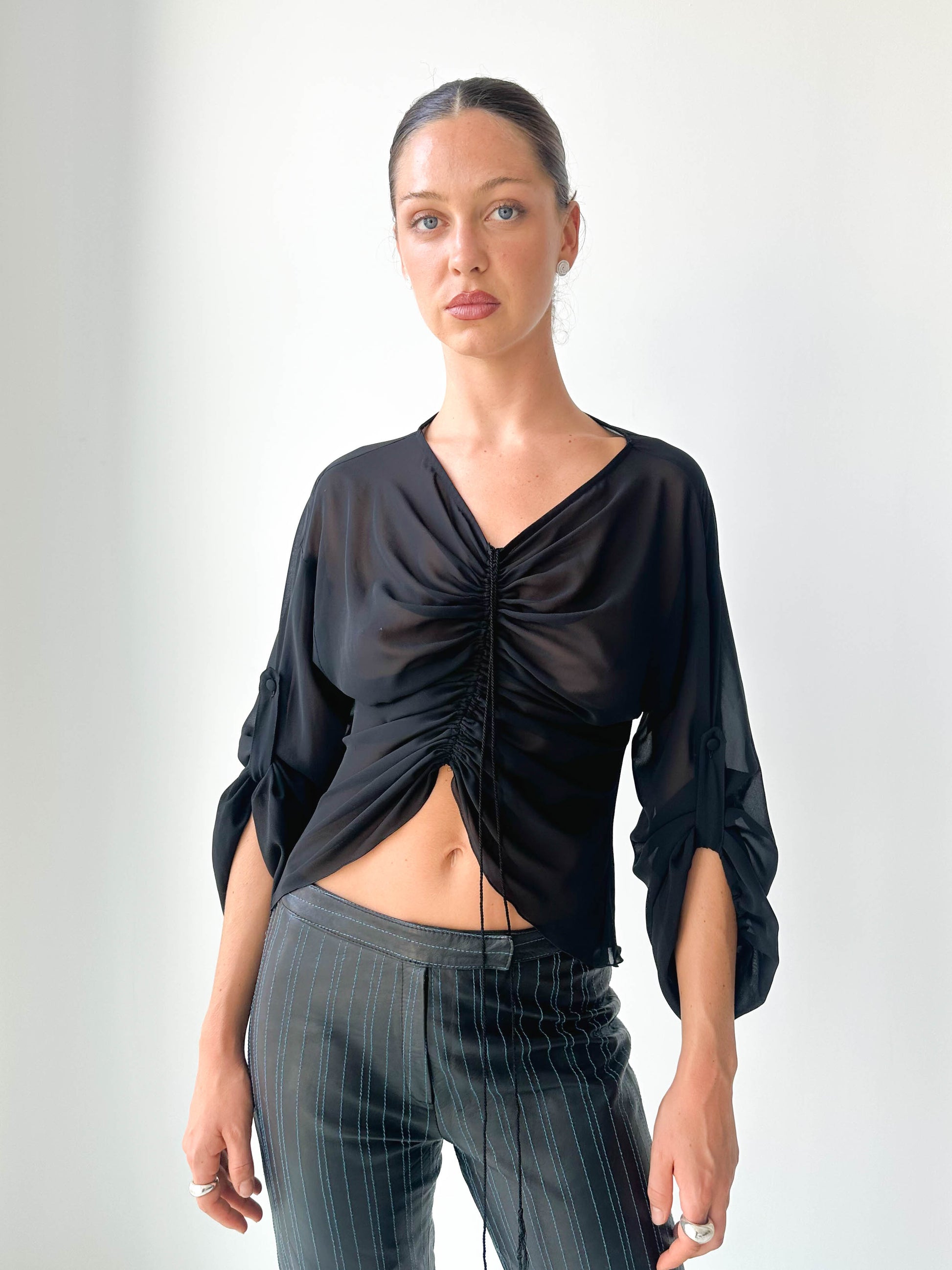 Italian Black Sheer Ruched Long Sleeve Top