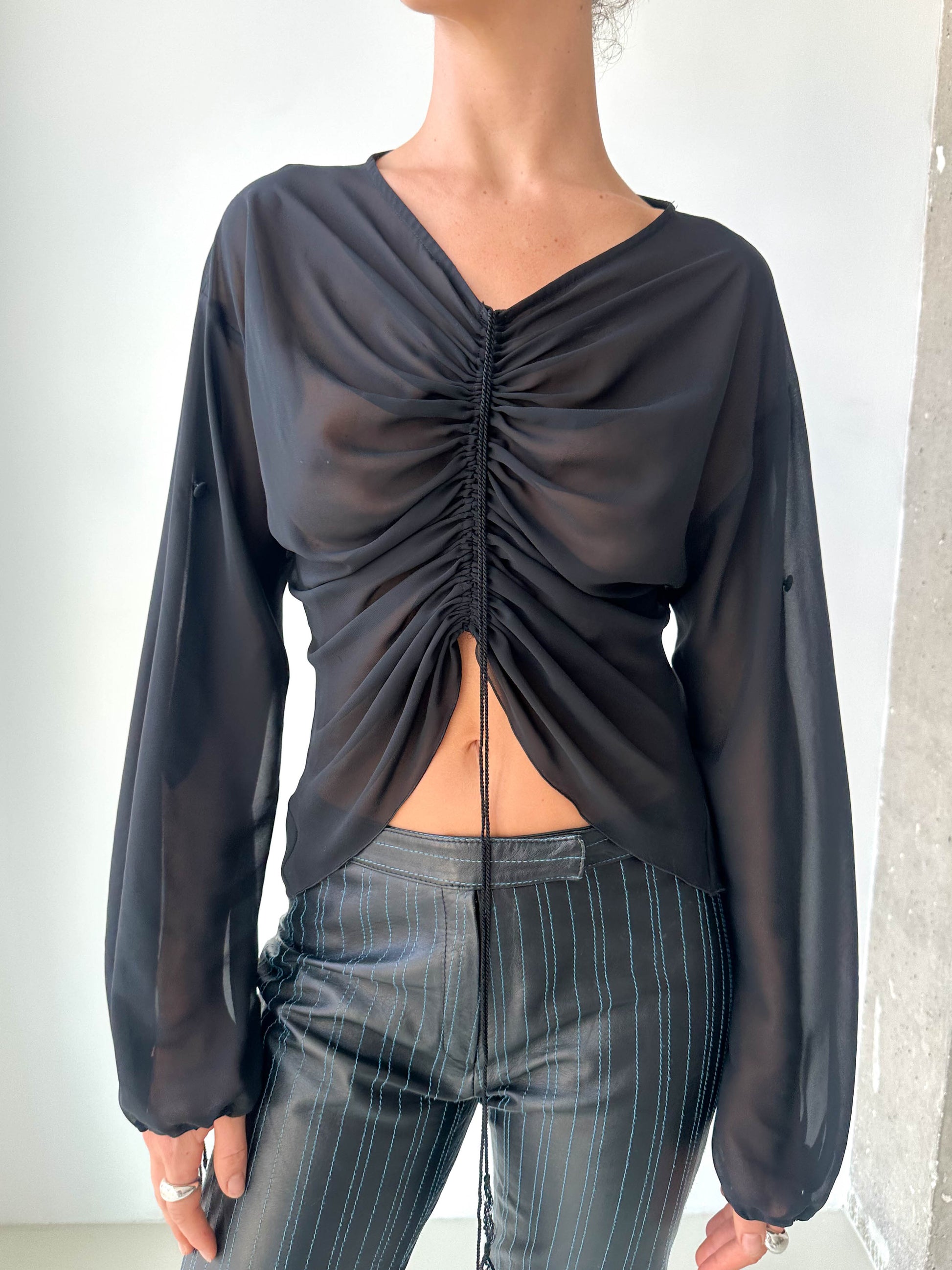 Italian Black Sheer Ruched Long Sleeve Top