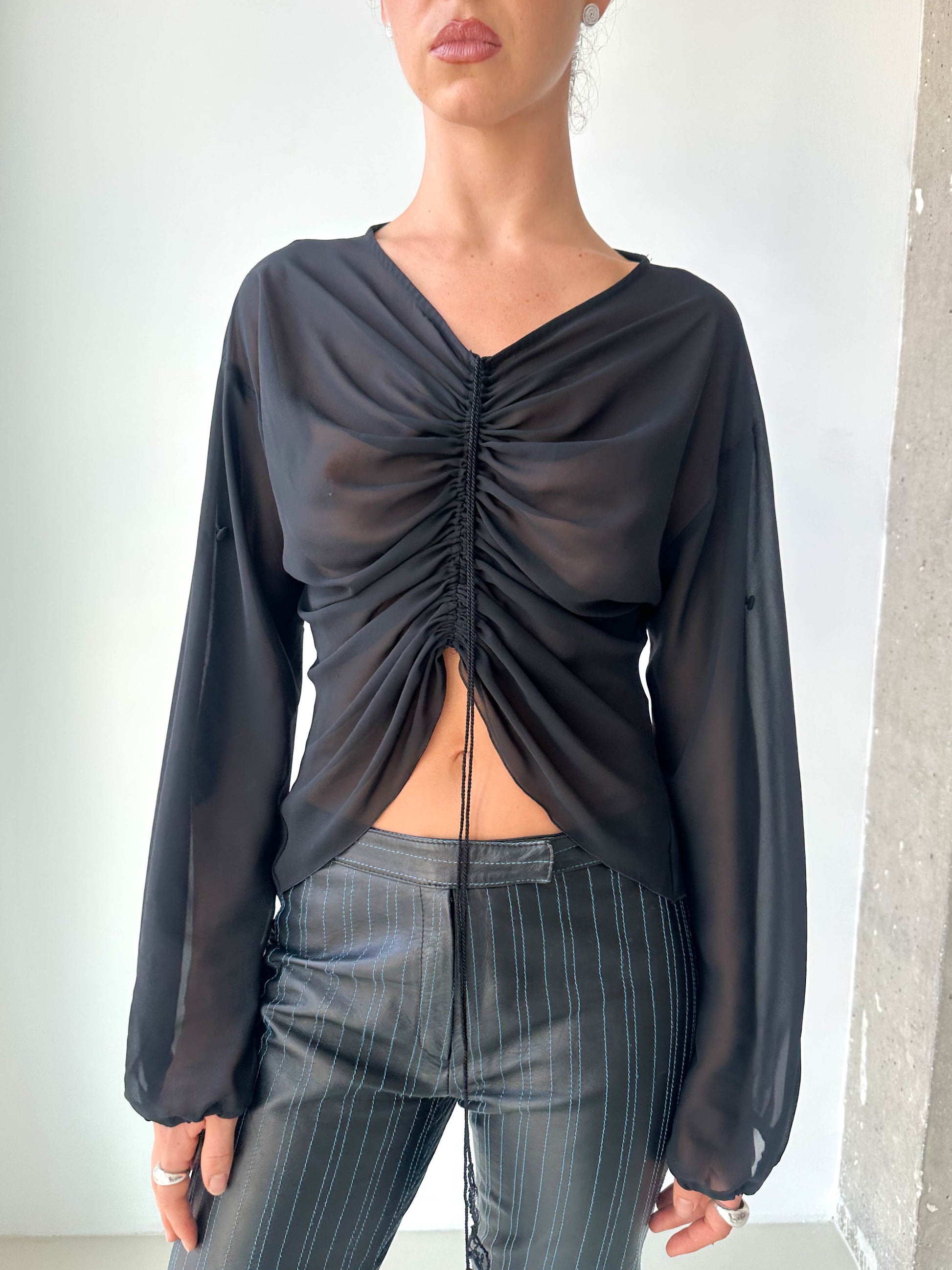 Italian Black Sheer Ruched Long Sleeve Top