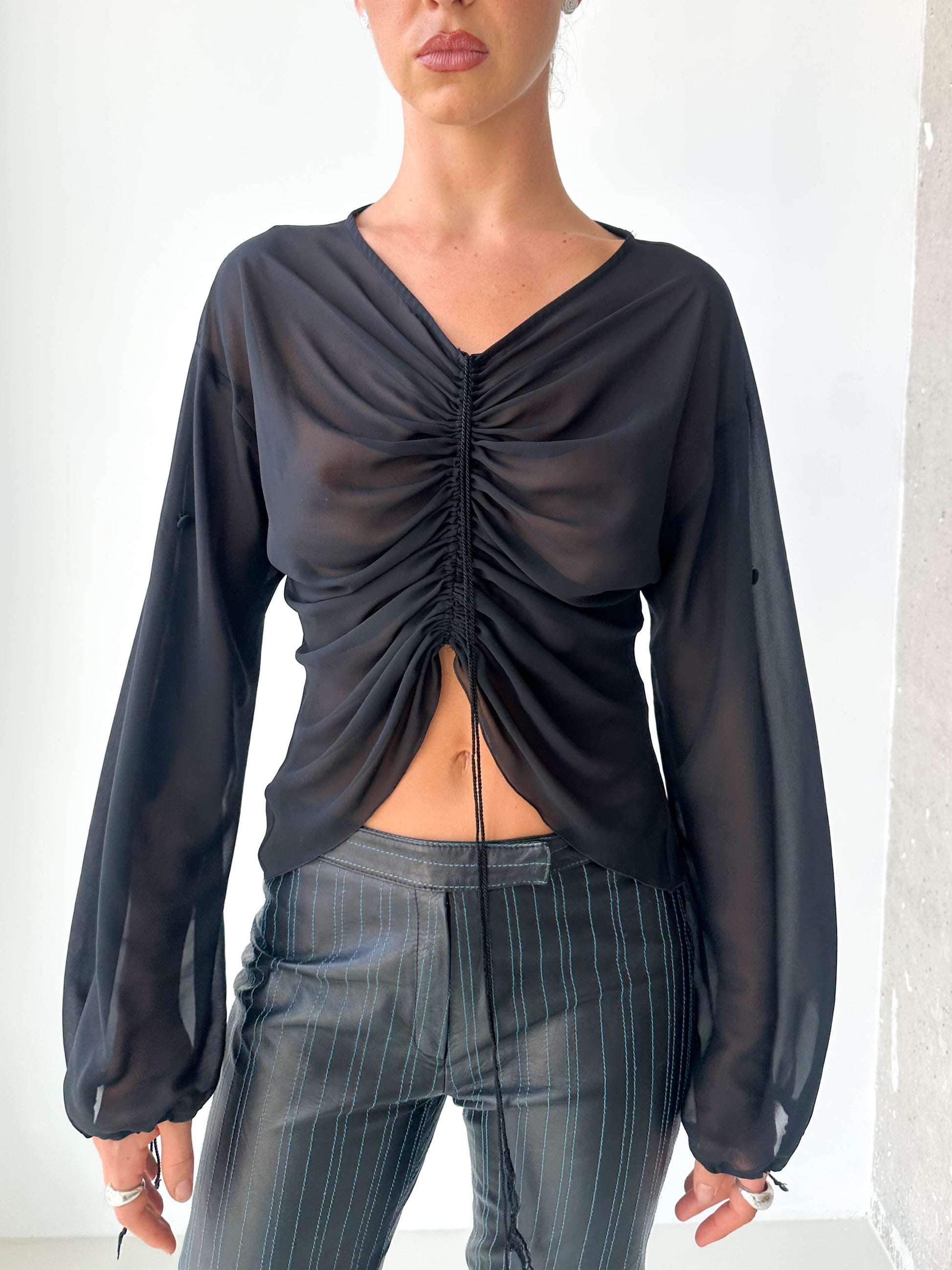 Italian Black Sheer Ruched Long Sleeve Top