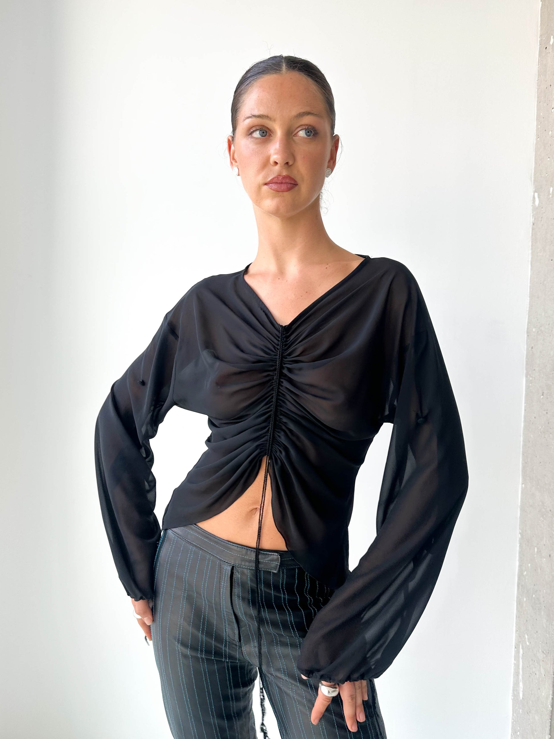 Italian Black Sheer Ruched Long Sleeve Top